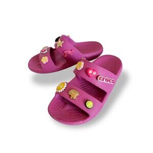 Crocs Classic Two Strap Sandals Pink Girls Youth Sz 5 Jibbitz Charms Slide Shoes